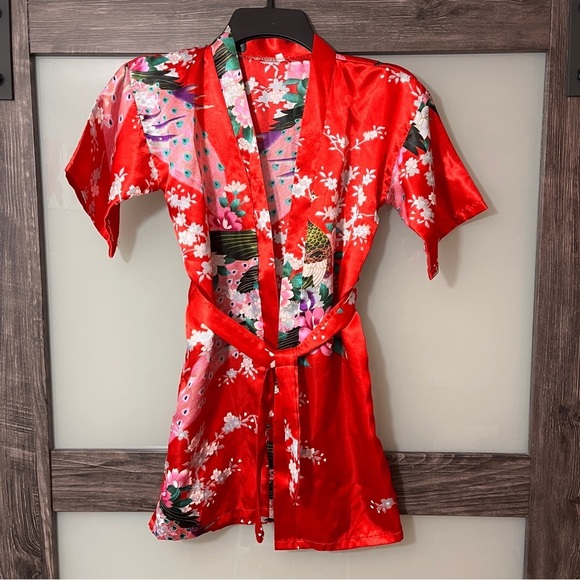 Other - Girls’ Red Floral and Peacock Kimono Style Robe Size 8